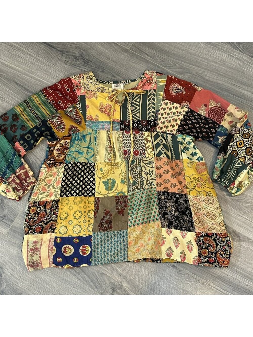 Gypsy Rose Blouse Womens One Size Multicolor Patchwork Cotton Tunic Top Boho